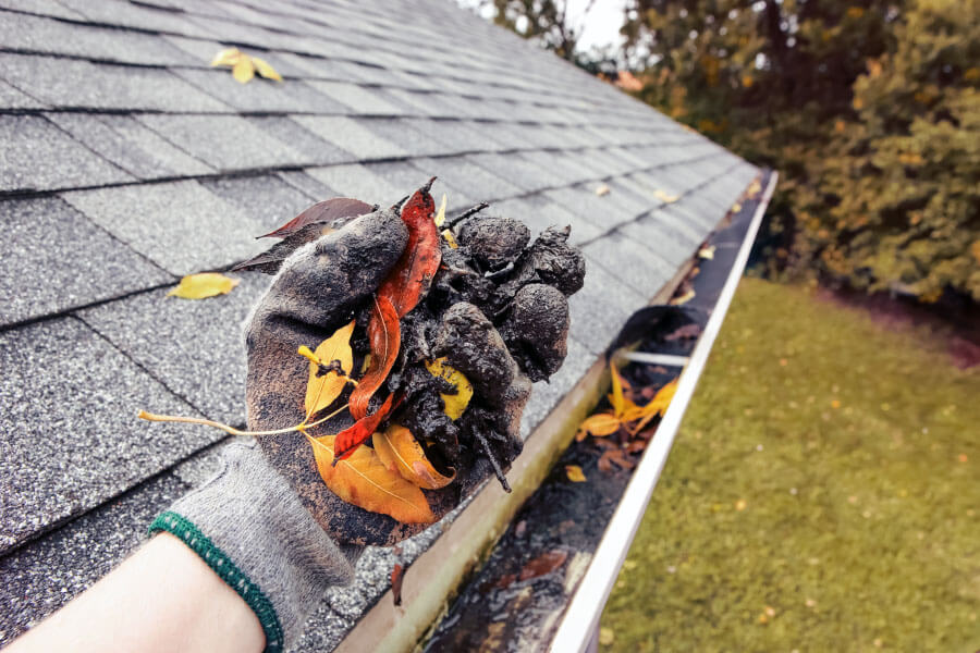 hand cleaning gutters filled with leaves and wet black debris