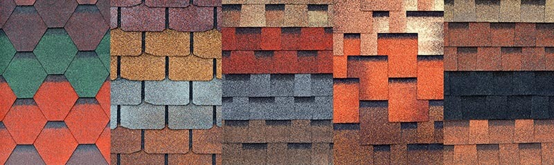 5 different blocks of asphalt shingles, each with different formats, textures, and colors
