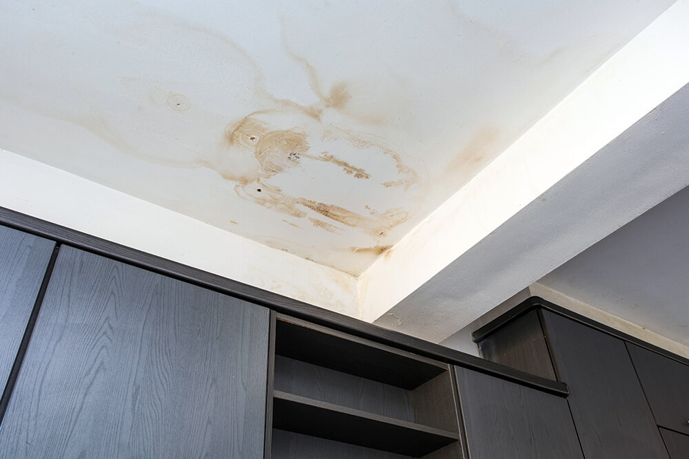 Stain and water moisture on ceiling caused by winter roof leaks